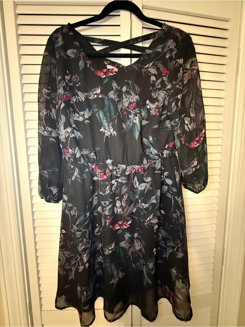 Maurices Black Floral Long-Sleeve Fit-and-Flare Dress
